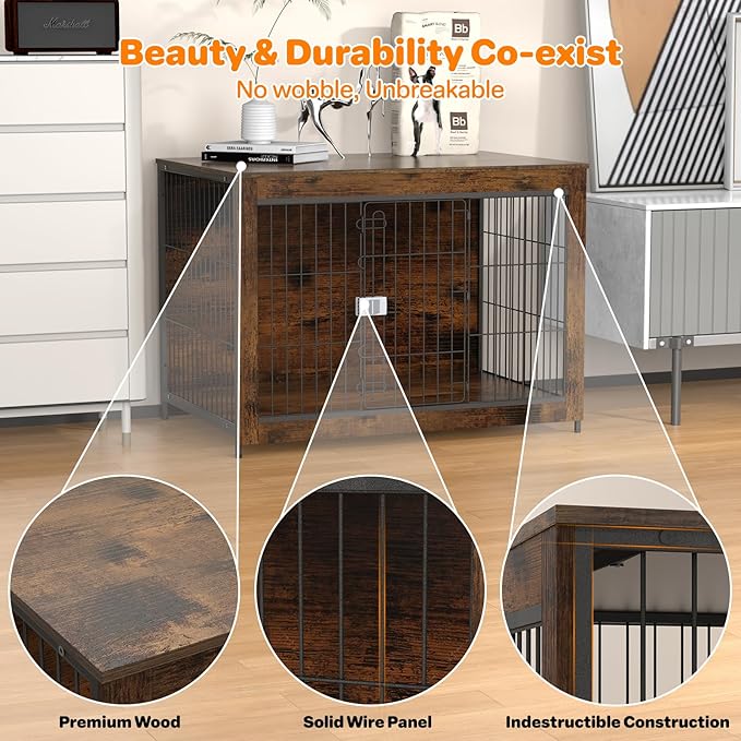 Dog Crate Furniture, Wooden Dog Crate 43in, Decorative Cage with End Table for Dog Indoor Kennel, High Anxiety Dog, Escape-Proof Locks for All Breeds