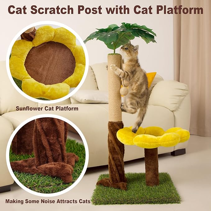 Cat Scratching Posts Cat Scratcher with Premium Sisal Rope, Sunflower Cat Platform and Danging Balls,33.86" Tall Cat Scratcher, Suitable for Large Adult cat, Kitten, and All Type of Cats