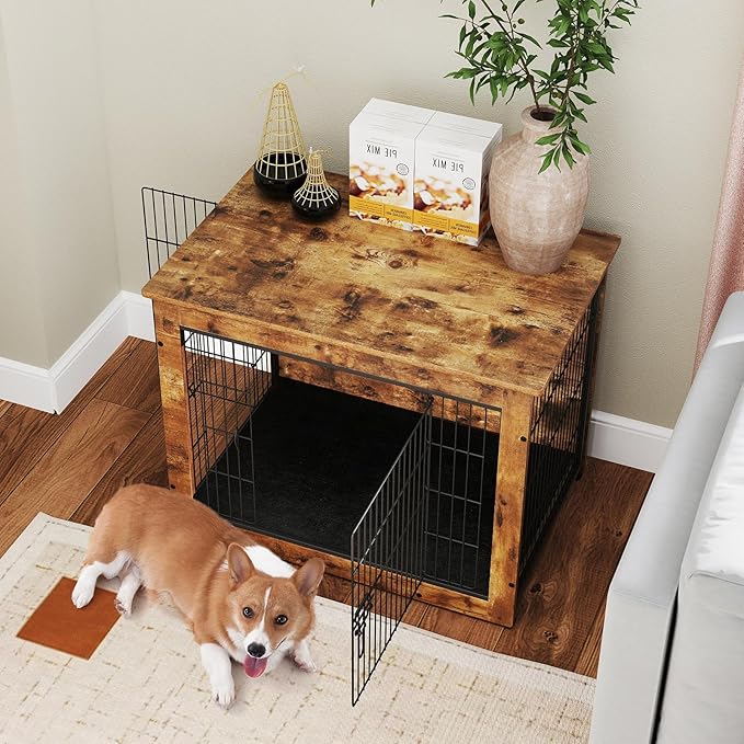 PETSITE Dog Crate Furniture for Small/Medium Dogs, 33" Indoor Pet House Side End Table w/Cushion, Double Doors, Heavy-Duty Chew-Resistant Wood Metal Dog Kennel up to 45 LBS (33 x 22 x 25.5 Inches)