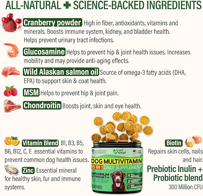 Dog Multivitamin Chewable with Glucosamine & Salmon Oil – Made in USA – Puppy & Senior Supplement – 120 Chews – Daily Wellness Support for Joints, Immune System, Skin & Coat, Heart & Digestion