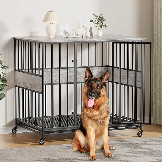 Dog Crate Furniture for Extra Large Dogs, 47 Inch Indoor Kennel, Wooden Pet Cage Decorative Corner End Table with Caster Wheels & Double Removable Tray, Greige