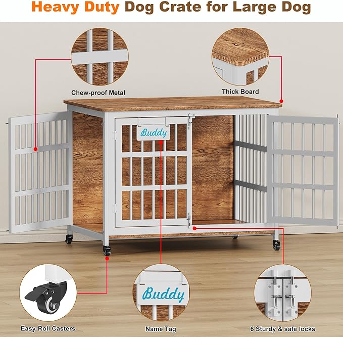 EasyCom 41"/33"/27" L Heavy Duty Dog Crate Furniture with Name Tag, Dog Kennel Indoor for Medium Dogs, Double-Doors Sturdy Metal Dog Cage for Anxiety Dog, Decorate House as TV Stand, End Table