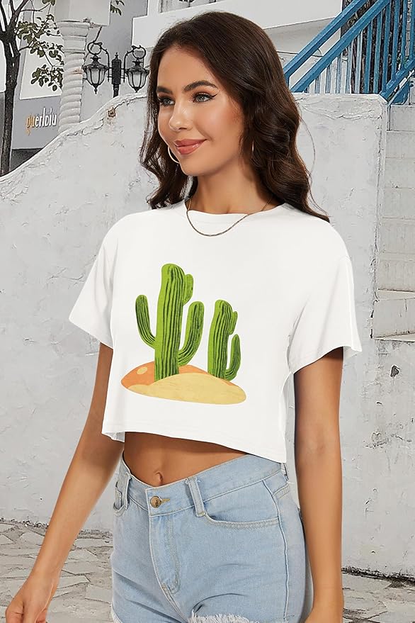 Womens Summer Crop Tops Short Sleeve Round Neck T-Shirts Loose Fit Casual Blouse