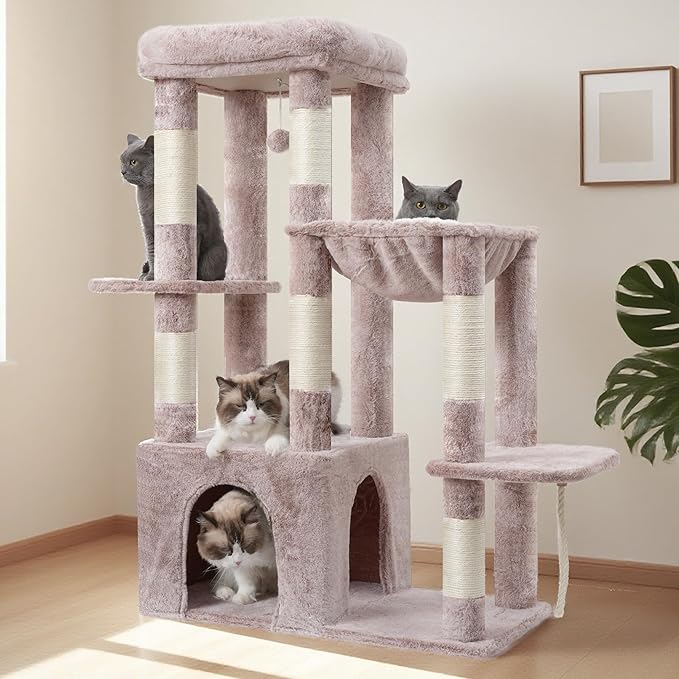 Heybly Heavy Duty Cat Tree, Tower for Indoor Cats Large Adult, Tall Cat Condo House with Extra-Large Baseboard, Multi-Level Plush Furniture with Scratching Posts, Hammock, Toy Ball, Muchroom HCT026MU