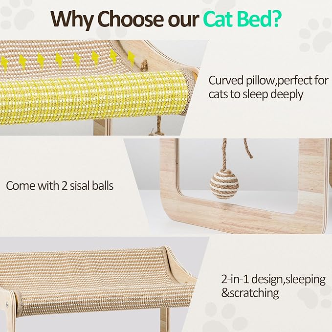 Sisal Cat Scratcher Bed for Indoor Cats,Hammock for Scratching Pad, 2 in 1 Elevated Cat Sisal Chair with 2 Toys Ball for Scratcher Lounge,Kitty Bench,Small Dog Bed,Natural Lounger Chair