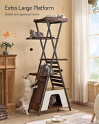 FourFurPets 72.4" Modern Cat Tower for Indoor Cats - Multi-Level Condo With Caves, Tall Tree With Scratching Board, Wooden Tower With Large Perch, Removable Pads, Rustic Brown