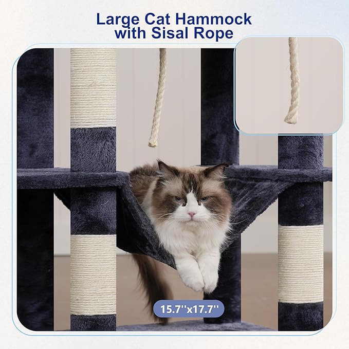 80.7''(205cm) Cat Tree for Indoor Cats, Large Cat Tower for Multi Adult Cats, Cat Tree House with Big Hammock, 2 Top Perches/Cat Condos/Baskets, 8 Scratching Posts, Smoky Gray GCT034G
