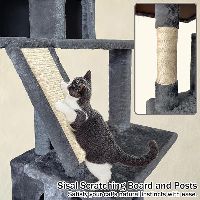 70" Cat Tree Tower for Indoor Cats, Multi-Level Cat Tower Condo with Sisal Scratching Post (Dark Gray)