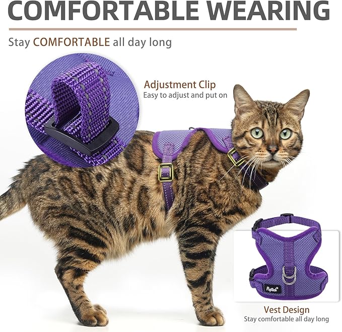 PUPTECK Cat Harness and Leash Set Escape Proof, Reflective Adjustable Soft Mesh Kitten Vest Harness for Walking Travel, Purple, S