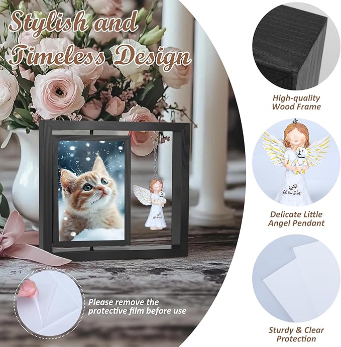 Dog Memorial Gifts for Loss of Dog, Rotating Wooden Picture Frame with Resin Angel Statues for 4x6 Photo, Pet Memorial Gifts for Dog Cat, Pet Loss Sympathy Bereavement Remembrance Keepsake, Black