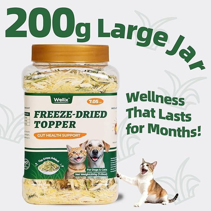 Wellix Dog&Cat Food Topper - Cat Grass Treats for Haiball Treament - Chicken Flavor Freeze Dried Cat Treats - Low Calorie Training Treats for Dogs&Cat 7.5oz