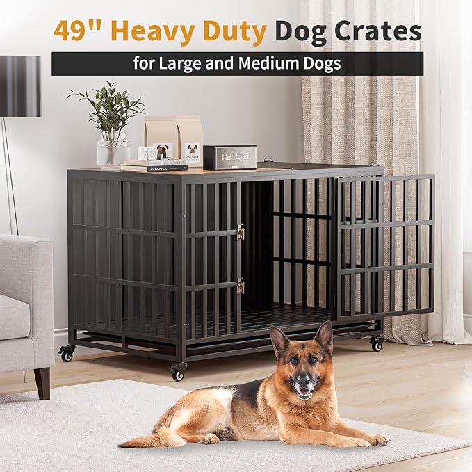 49" Heavy Duty Dog Crate Furniture, Wooden Dog Crates for Large and Medium Dogs, Dog Kennel Indoor with Removable Tray, Decorative Pet House End Table, Brown (49" L x 30" W x 35" H)