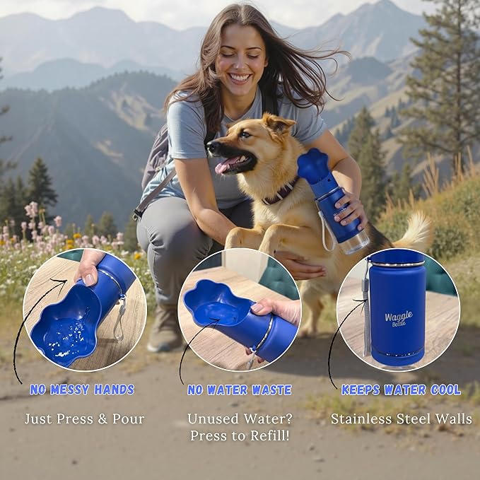 Stainless Steel Dog Travel Water Bottle, Vacuum Insulated Portable Dog Water Dispenser, Large Bottle with Drink Cup On The Go, Outdoor Walking, Hiking, Travel (Cobalt, 22oz)