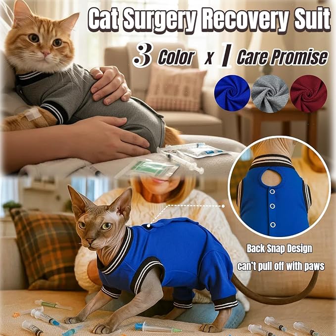 T'CHAQUE Cat Clothes Surgery Recovery Suit for Female Male, Cat Onesie Pet Surgical Pajamas Hind Legs Long Sleeve, Abdominal Wound Skin Diseases, E-Collar Alternative, Spay Recovery Suit, RoyalBlue-XL