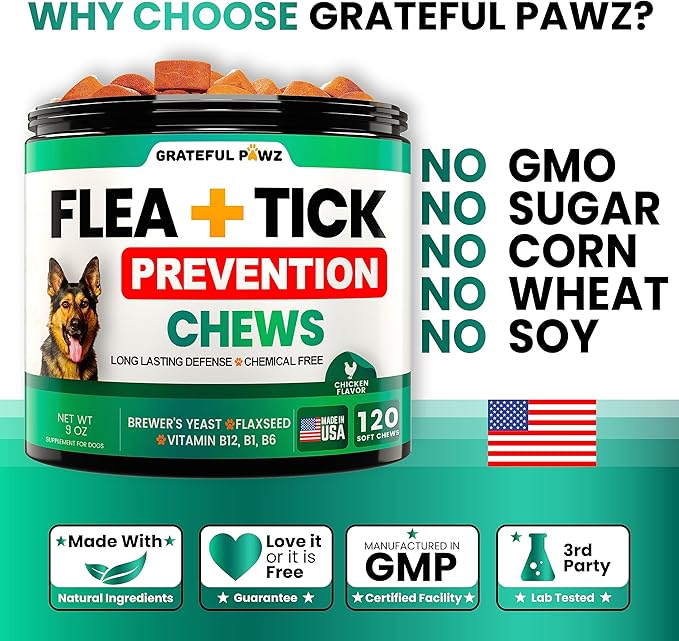 Flea and Tick Prevention for Dogs Chewables - Made in USA - Natural Flea and Tick Chews Supplement - Oral Pills for Dogs - Pest Defense - All Breeds and Ages - 120 Soft Tablets