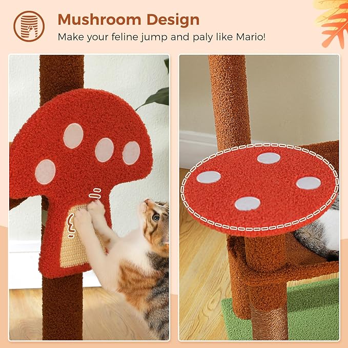 PETEPELA 56.3 Inches Mushroom Cat Tree Tower with Cute Mushroom Cat Scratching Board, Cat Condo, Extra Large Hammock and Plush Perches, Brown