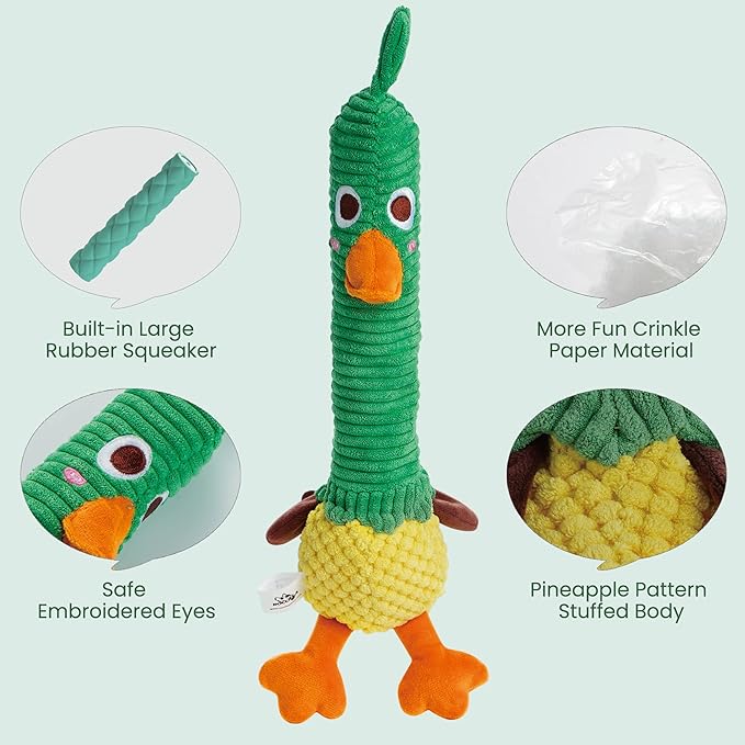 Nocciola 2 in 1 Duck Dog Toy with a Large Rubber Squeaker - Durable Stuffed Squeaky Crinkle Chew Toys for Aggressive Chewers, Medium and Large Breeds