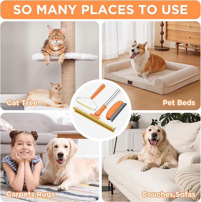 3 in 1 Carpet Rake for Pet Hair Removal, Tool Set of 3, 55” Long Handle Carpet Pet Hair Removal Carpet Scraper Dog Cat Hair Remover for Sofa, Couch, Car, Rug (Orange)