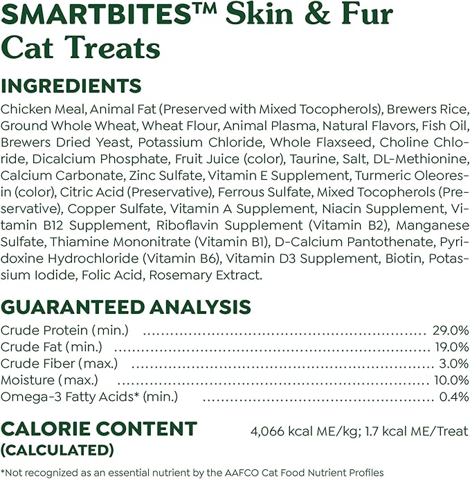 Greenies Feline Smartbites Skin & Fur Health Crunchy and Soft Cat Treats, Chicken Flavor, 2.1 oz. Pack