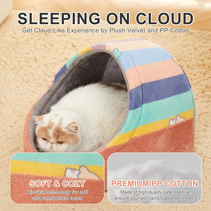Jiupety Cute Cat Beds for Indoor Cats, Cat Cave Bed and Kitten Bed, Hideway Cat House and Cat Tent with Anti-Slip Bottom, Washable Removable Cushion, M(16"x16"x13"), Rainbow.