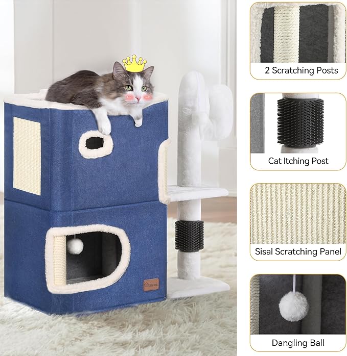 YITAHOME 2-Tier Cat House, Indoor Cat Cave Bed Playhouse, Cat Tunnels with Scratch Pad and Hideaway Cube, Cute Modern Cat Condo Furniture for Multi Small Cats, Cactus (Blue)