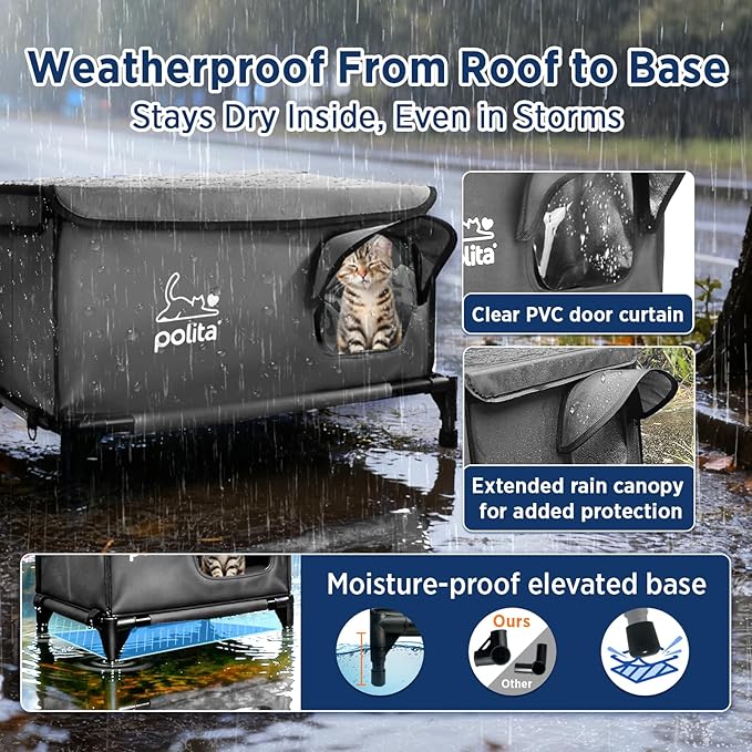 Rugged Heated Cat House for Outdoor Cats in Winter, Extremely Insulated & 100% Weatherproof, Elevated Feral Cat Shelter with Waterproof Eaves & Safe Escape Door for Stray & Barn Cats