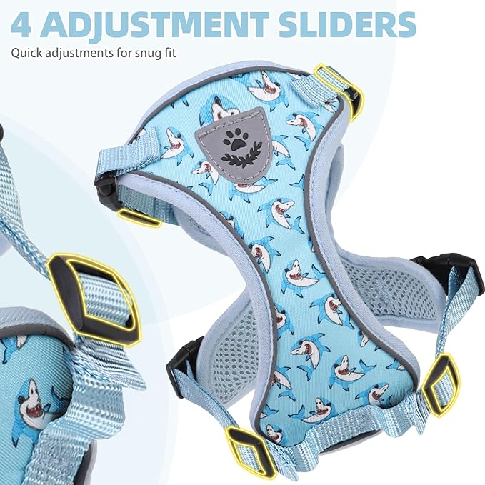 PUPTECK Cat Harness and Leash Set Escape Proof Reflective Cat Walking Harness Adjustable Soft Breathable Mesh Vest for Small Pets, Blue Sharks, M