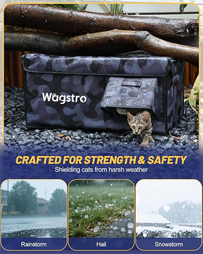 Heated Cat House for Outside, Waterproof Awning & Escape Door Heated Cat Houses for Indoor/Outdoor Cats in Winter, Elevated & Insulated Outdoor Cat Shelter for Feral Cat(Black Camo, 16.5"x12.6"x12.6")