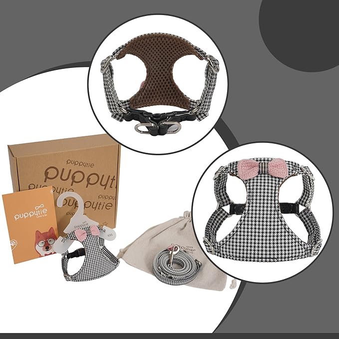 Puppytie No Pull Small Dog Harness with Multifunction Dog Leash,Lightweight Soft Adjustable No Choke Escape Proof Pet Harness Vest Pet Harness Vest,Knitted Black-White,S