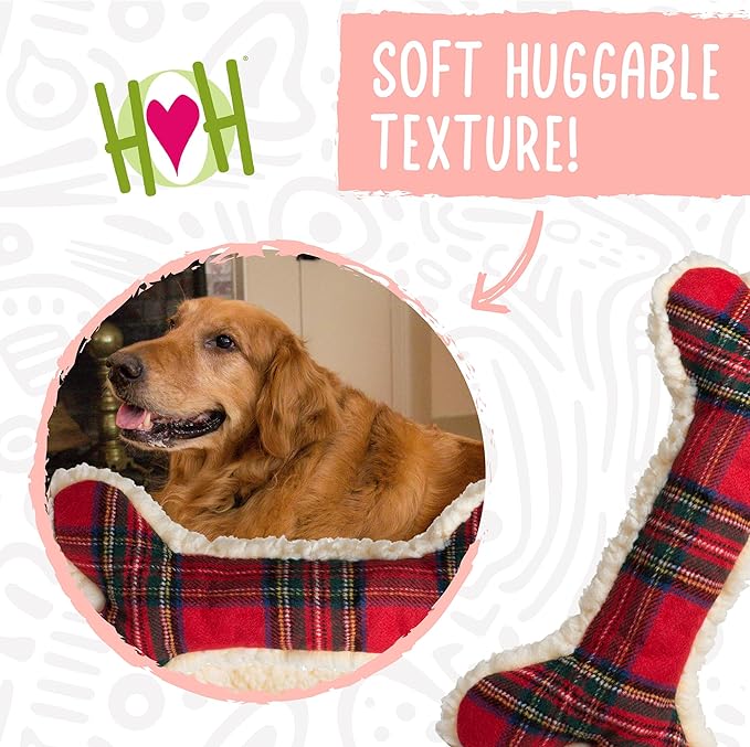HuggleHounds Tartan Tidings Plush Bone Dog Toy - Dog Fuzzy Bone Toy, Soft Fleece, Durable, Stuffed Plush for Large Breeds, Puppies, Faux Sheepskin - 24" (1 Pack)