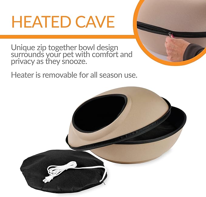K&H Pet Products Thermo-Kitty Mod Dream Pod Heated Cat Bed for Large Cats, Indoor Heated Cat Cave, Thermal Cat Mat Hideaway for Small or Large Cats and Kittens 22 Inches Tan/Black