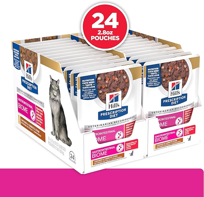 Hill's Prescription Diet Gastrointestinal Biome + Stress Chicken & Carrot Stew Wet Cat Food, 24 x 2.8 oz Pouches