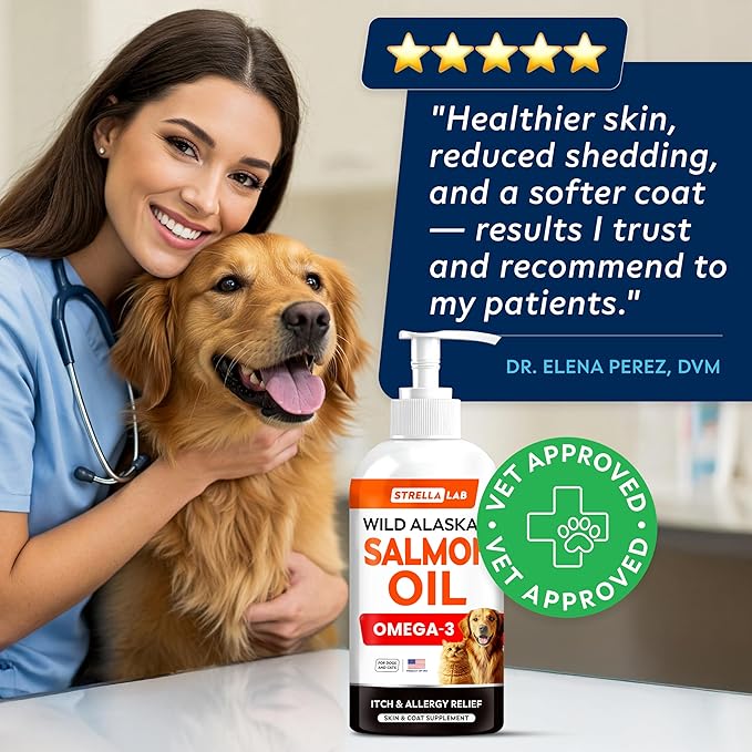 StrellaLab Wild Alaskan Salmon Oil for Dogs - Natural Omega 3 for Dogs & Cats, Itch & Allergy Relief, Skin & Coat Support - Fish Oil Liquid, EPA+DHA Fatty Acids for Hip&Joint, Immune&Heart Health 8 Oz