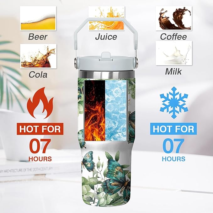30 Oz Butterfly Tumbler with Handle and Straw, Butterfly Tumbler with Lid and Straw, Double Wall Stainless Steel Butterfly Cup, 30 Oz Butterfly Water Bottle and Butterfly Mugs for Women Gifts