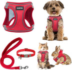 GAMUDA Small Pet Harness Collar and Leash Set, Step in No Chock No Pull Linen Fabric Soft Mesh Dog Vest Harnesses Reflective for Dogs Puppy Cats Kitten Rabbit (Red, L)