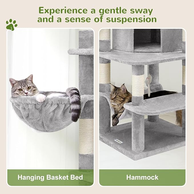 Globlazer Corner Cat Tree for Large Cats, 66inch Tall Curved Series Large Cat Tower for Multiple Indoor Cats with 6 Scratching Posts, 2 Spacious Cat Condos, Hammock, Hanging Basket, C66, Light Grey