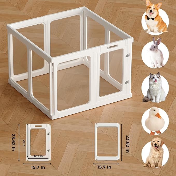 23.6“ H Clear Acrylic Plastic Dog Playpen, 8Pcs Lightweight & Easy Assemble Playpen Divider, Durable Safety Play Pen Indoors, Puppy, Cat, Small Animal(White)