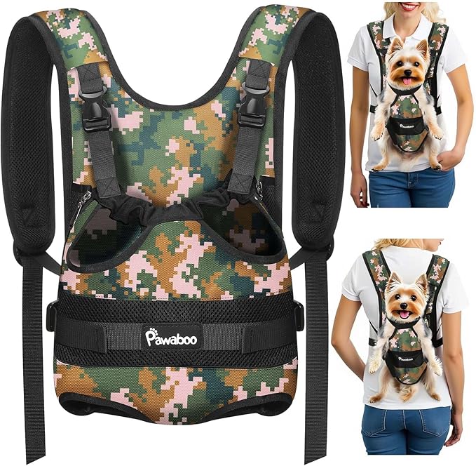 Pawaboo Pet Dog Front Carrier Backpacks, Legs Out Pet Carrier Backpack for Dogs, Adjustable Easy-fit Dog Chest Carriers for Small Medium Dogs Hands Free for Travel Hiking Cycling Camping, S, Camo