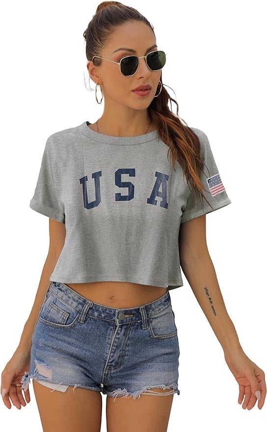 Womens Summer Crop Tops Short Sleeve Round Neck T-Shirts Loose Fit Casual Blouse