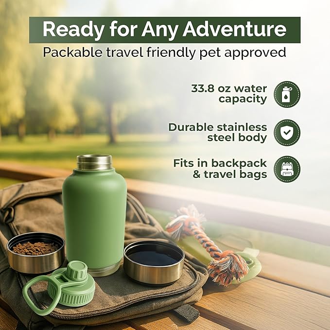 Portable Water Bottle & Feeder Bowl: Durable 2-in-1 Travel Solution with Stainless Steel, eco-Friendly Design, and Compact Portability. Perfect for Hydrating Pets on The go