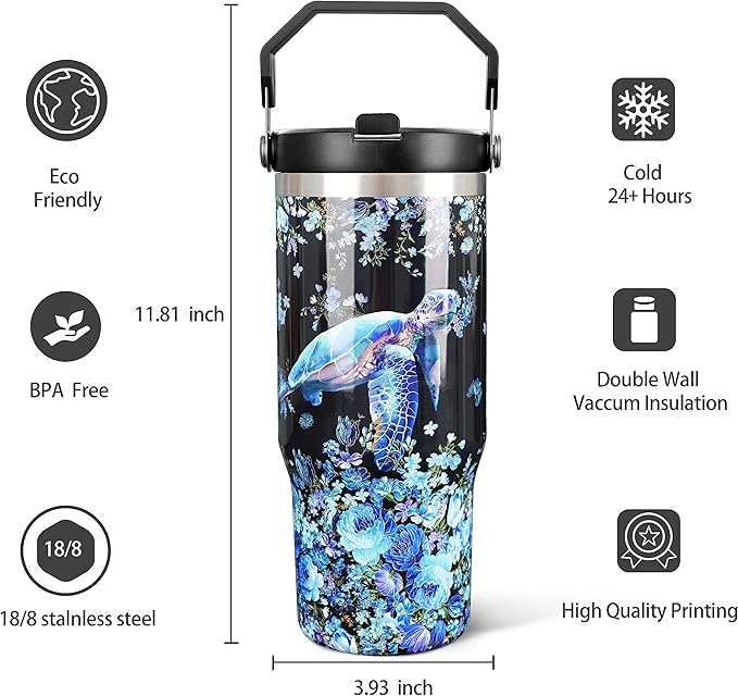 30oz Sea Turtle Gifts Tumblers for Women with Handle and Straws, Stainless Steel Vacuum Insulated Coffee Tumbler, Travel Mug Water Bottle, Sea Turtle Stuff Accessories Decor