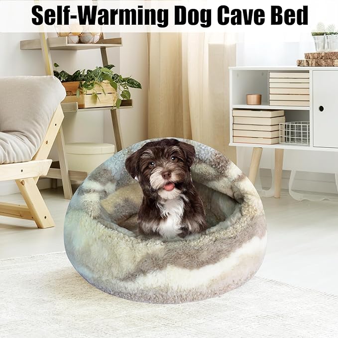 HYQ Cat Beds for Indoor Cats, Small Dog Bed with Cover Cave, Cozy Cat Cave Bed, Round Puppy Bed with Hooded Cover, Dog Beds for Small Dogs with Anti-Slip Bottom(Khaki Texture, 16×16 Inch)