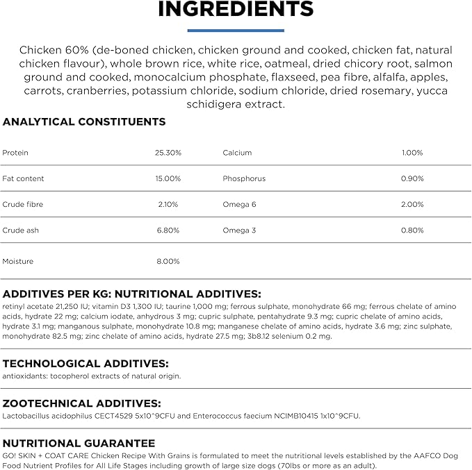 Go! Solutions Skin + Coat Care, Dry Dog Food, Chicken Recipe with Grains, 3.5 lb Bag