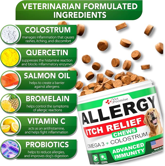 Dog Allergy Relief Chews - 170 Dog Allergy Chews - Itch Relief for Dogs - Anti Itch for Dogs - Dry & Itchy Skin - Allergies & Immune Support Supplement, Omega 3 Fish Oil, Colostrum - Made in USA