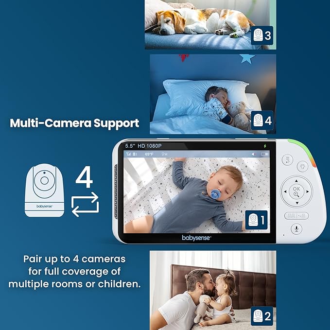 Babysense Full HD 5.5" Split Screen Baby Monitor with Camera and Audio, 6-Color Night Light, White Noise, Sound & Light Machine, 20-Hour Battery, Hack-Proof Non-WiFi Secure Connection
