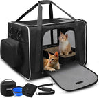 Petskd Extra Large Cat Carrier with Litter Box 24"x17"x17" for Medium Large Cat or 2 Small Cats, Collapsible Soft Sided Pet Carrier for Car Travel with Lockable Safety Zippers(Black)