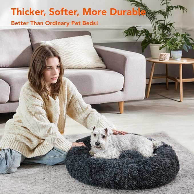 Deconovo Calming Donut Dog Bed, Washable Plush Round Pet Bed for Small Dogs & Cats with Raised Rim, Non-Slip Base and Soft Faux Fur—Lightweight, Easy-Care Design Dark Grey 30" L x 30" W x 8" Th