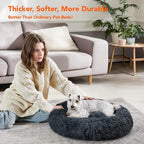Deconovo Calming Donut Dog Bed, Washable Plush Round Pet Bed for Small Dogs & Cats with Raised Rim, Non-Slip Base and Soft Faux Fur—Lightweight, Easy-Care Design Dark Grey 30" L x 30" W x 8" Th