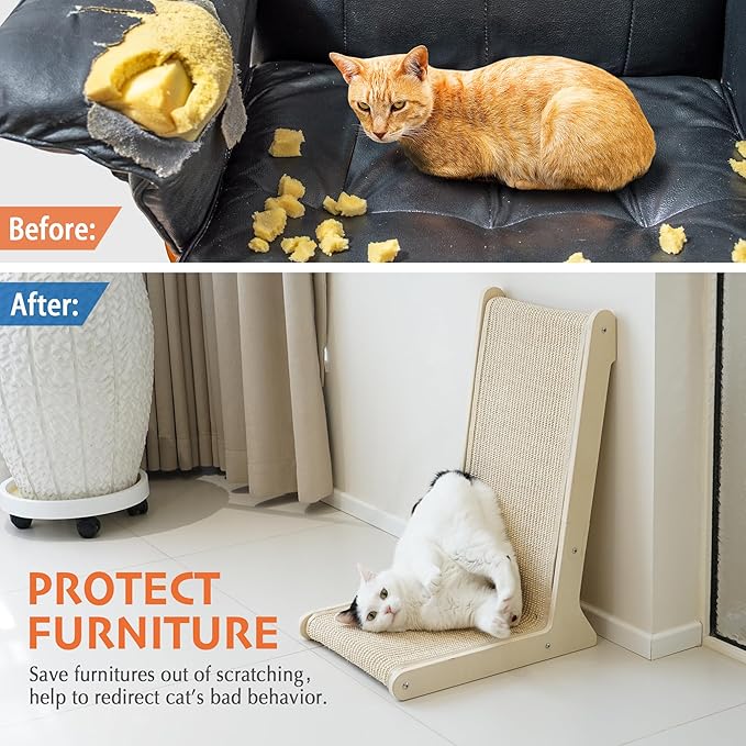 PETKARAY 105° Sisal Cat Scratcher, Sisal Scratch Pad for Indoor Cats, L Shape Kitten Scratching Board, Sturdy Floor Mounted Scratcher with Catnip