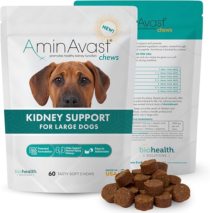 AminAvast Dog Kidney Supplement - Supports Natural Kidney Function - Promotes Health & Vitality of Aging Kidneys - Pet-Friendly, 1000mg (60 Chews)